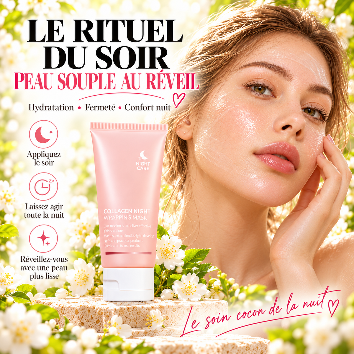Le rituel du soir — application du masque de nuit au collagène Nuriome